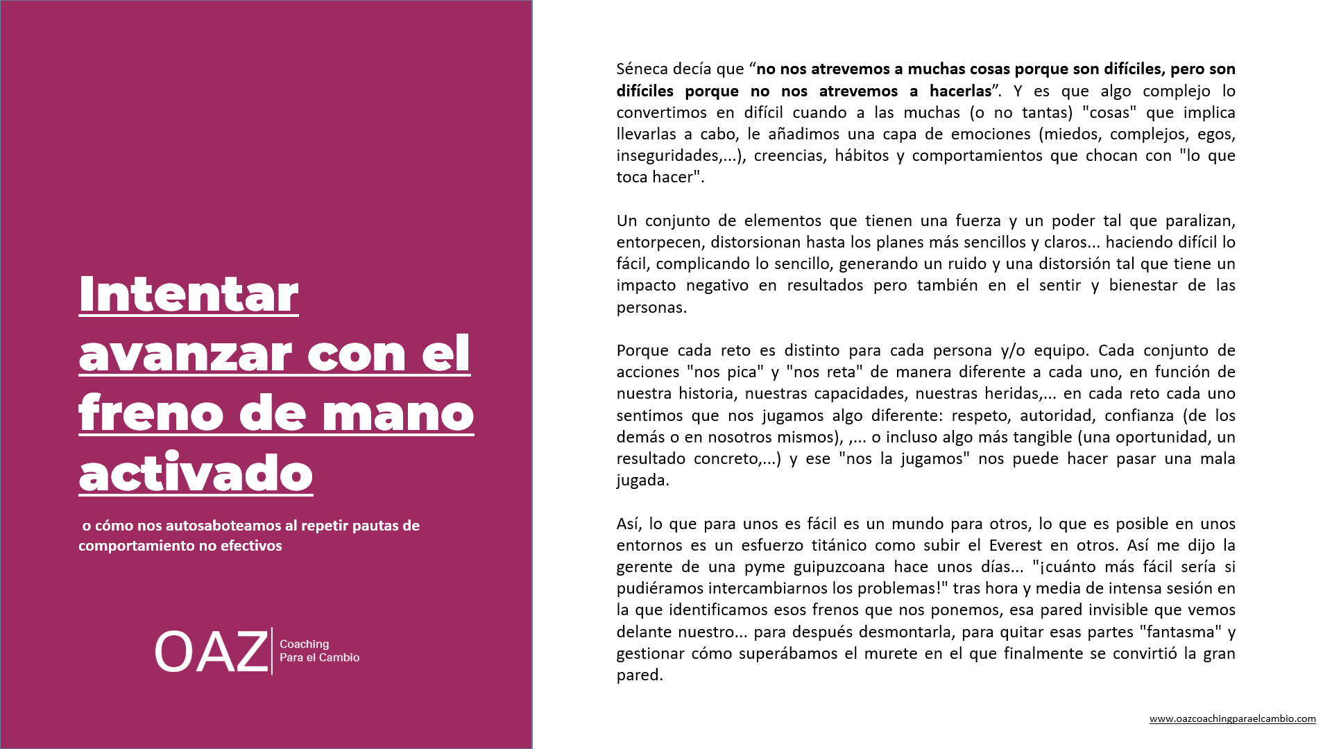Intentar avanzar desde el miedo, con el freno de mano activado o cómo practicamos el autosabotaje al repetir pautas de comportamiento no efectivos