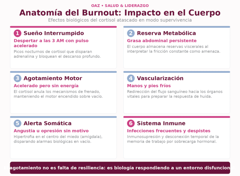 Infografía de OAZ sobre el impacto biológico del burnout y el cortisol en el cuerpo: sueño, metabolismo, vascularización e inmunidad.