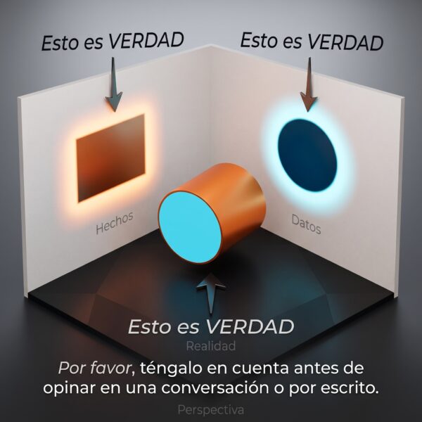 La verdad depende de la perspectiva: téngalo en cuenta antes de opinar - OAZ Ilustración 3D de un cilindro que proyecta una sombra cuadrada y una circular, representando diferentes perspectivas de la verdad en una conversación.